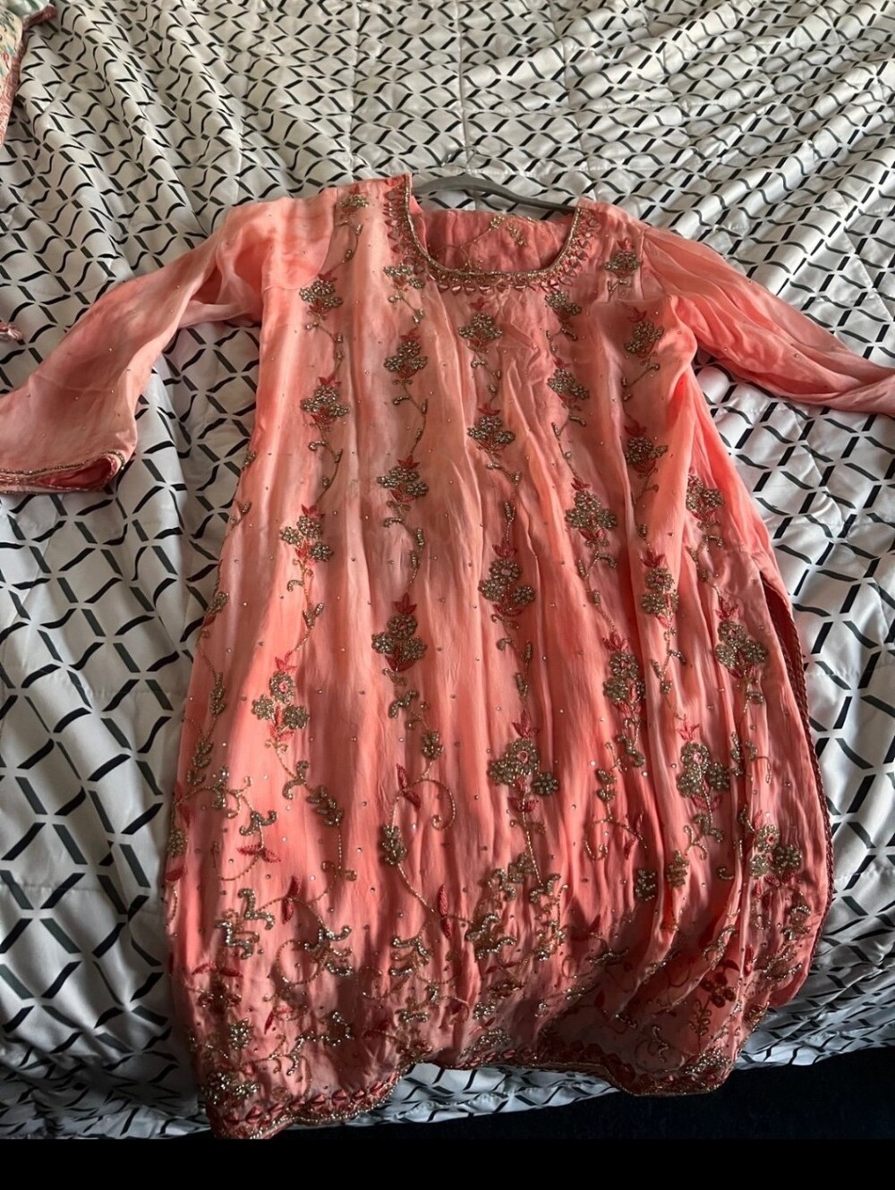Rhinestone And Mirror Work Coral Salwar Shalwar Kameez - Picture 4 of 11